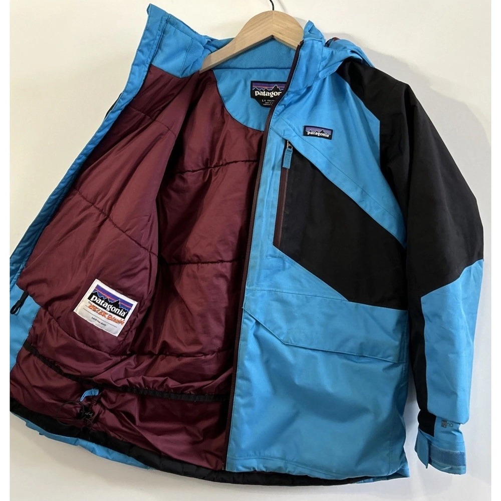 Patagonia Kids Light Blue and Black Hooded Puffer with Maroon Lining